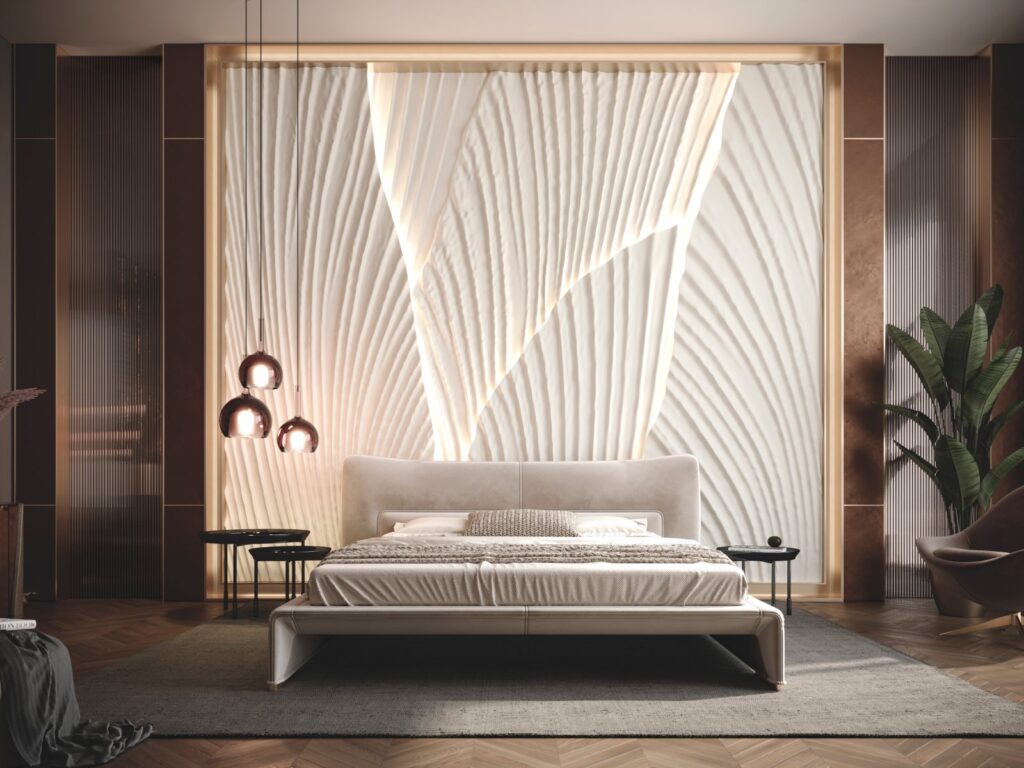 Alchymia River White Wall Decor in Bedroom on Backdrop